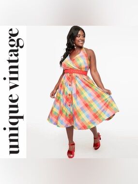 Unique Vintage Rainbow Madras Plaid Tarrytown Hostess Dress, Size L/XL, NWT!